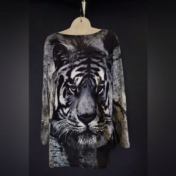 SWEATER with TIGER & RHINESTONE Whiskers SOFT! 2 sides rushed - Picture 5 of 14